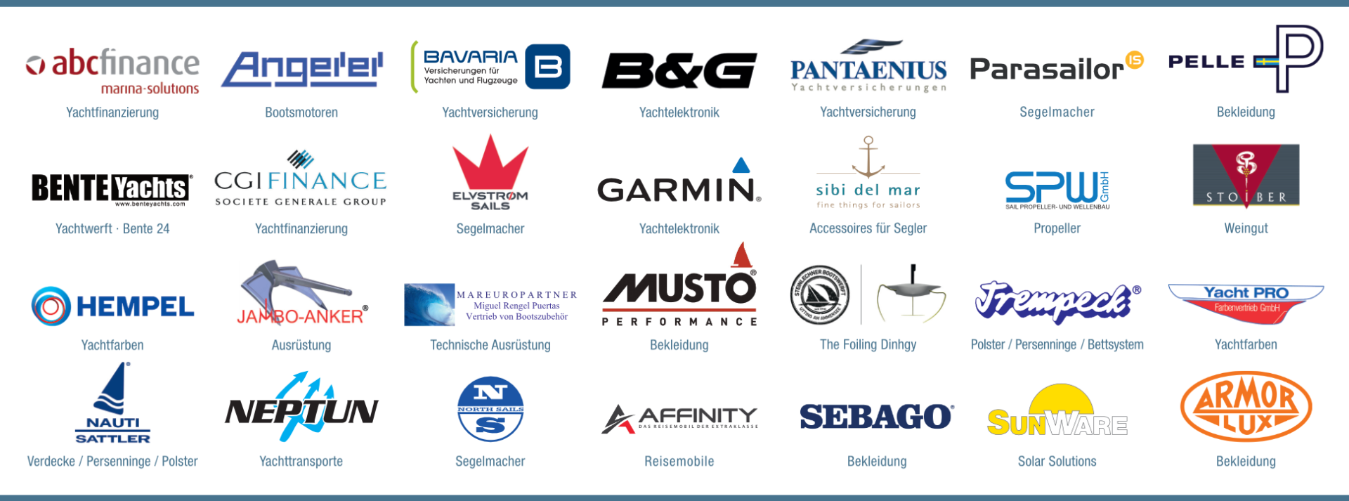 Aussteller auf der Boatshow Bernau: Musto, Garmin, B&G, Pantaenius, Pelle-P, Hempel, Bente-Yachts, North-Sails, Sebago, Elvström-Sails, Parasailor, Armor-Lux