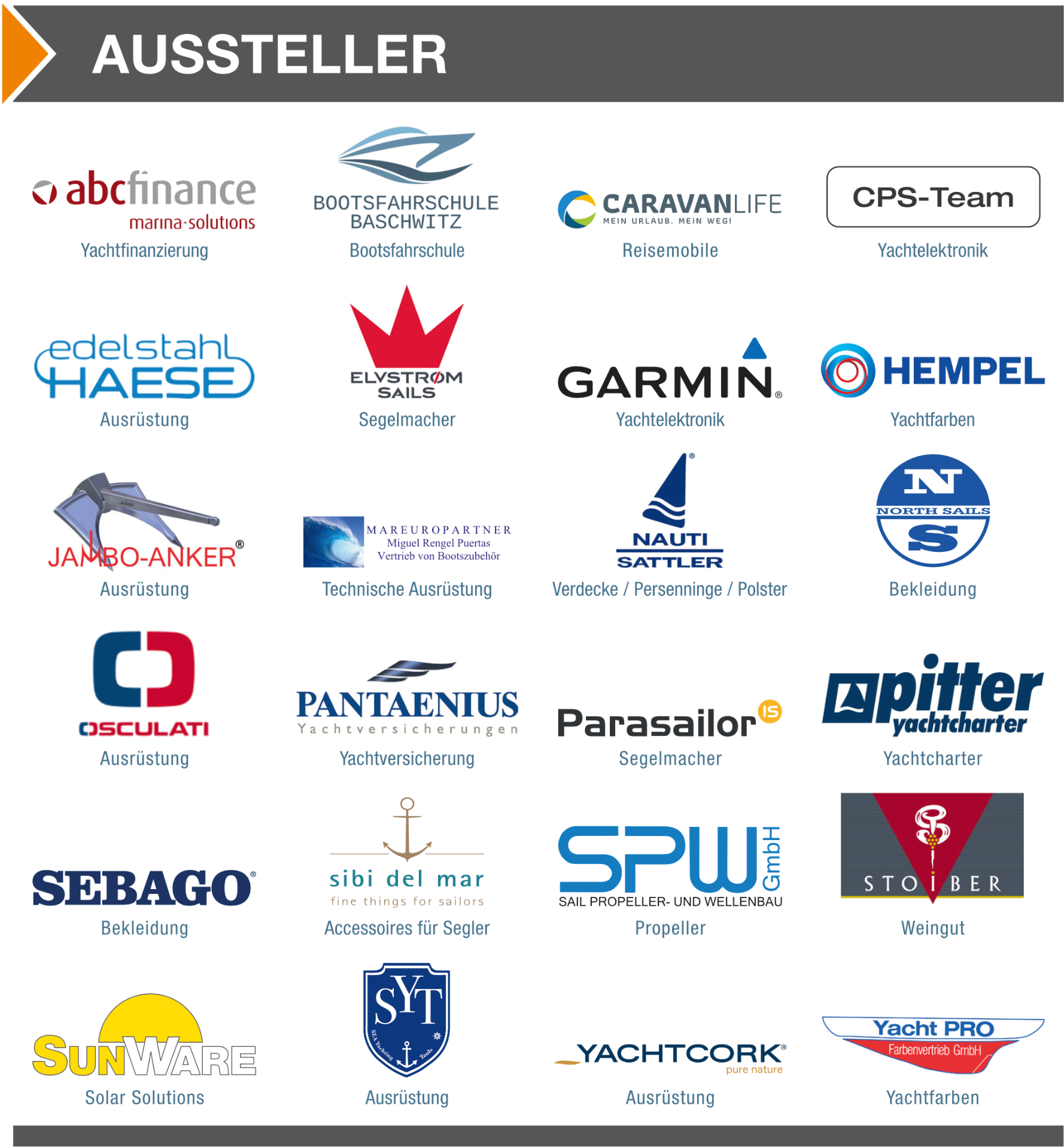 Aussteller auf der Boatshow Bernau 2022, Yachtfinanzierung abcfinace, Ausrüstung Haese Edelstahl, Elvström Sails, Yachtelektronik Garmin, Yachtfarben Hempel, North Sails, Pitter Yachtcharter, SPW Propeller, Yachtcork im HVG Showroom in Bernau am Chiemsee