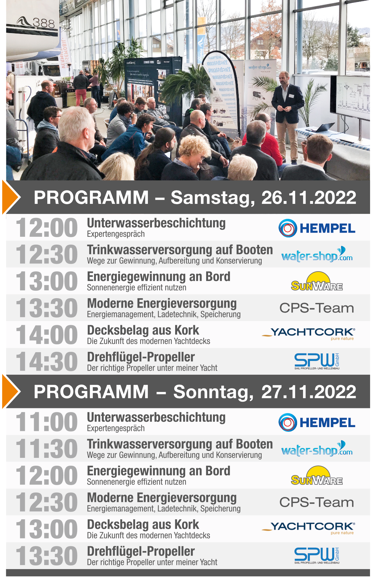 Programm Boatshow Bernau 2022 im HVG Showroom in Bernau am Chiemsee im Yachtcentrum Hanse Dehler Moody Sealine Ryck
